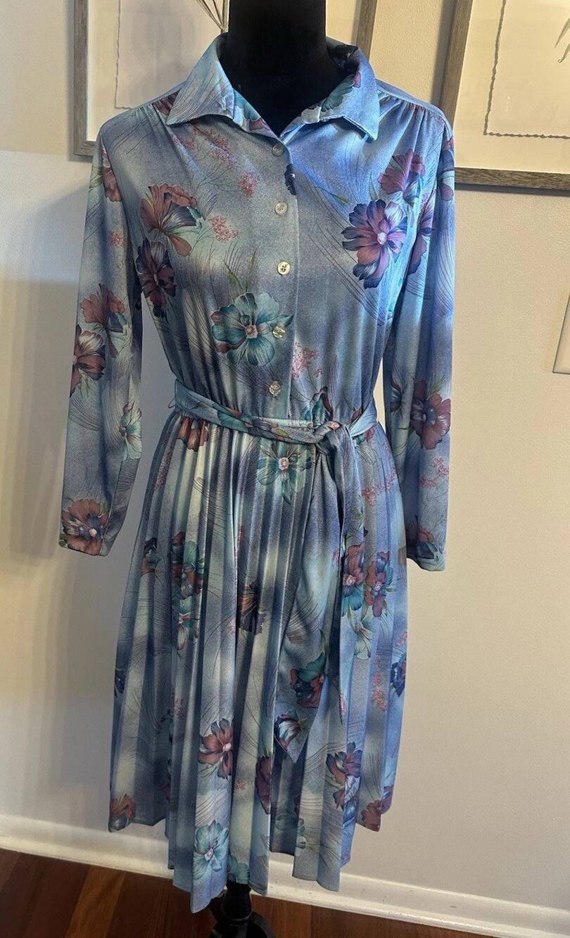 VTG 70’s Sears Floral Dress Pleated Skirt Elastic Tie Waist Long Sleeve Medium??